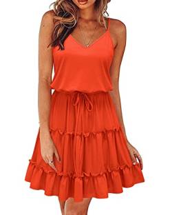 Newshows Sommerkleid Damen Knielang Spaghettiträger Kleid V-Ausschnitt Strandkleider(Orange, Groß) von Newshows
