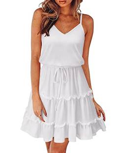 Newshows Sommerkleid Damen Knielang Spaghettiträger Kleid V-Ausschnitt Strandkleider(Weiß, Klein) von Newshows