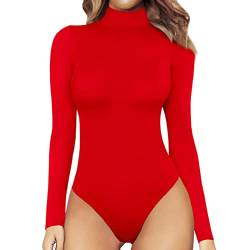 Nhainel Body Damen Sexy Bodysuit Langarm Blickdichter Langarmbody aus Baumwolle mit Halbkragen (A-rot, S) von Nhainel