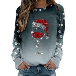 Weihnachts Pullis Damen Weinglas Muster Christmas Sweater Casual Lose Langarmshirt Weihnachtsdruck Xmas Pulli Shirt Frauen Jumper Bluse Tops Longshirt Oberteil Sweatshirts Kapuzenpullover von Nhainel