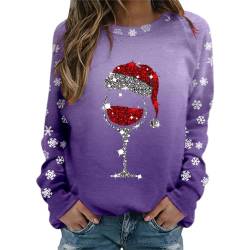 Weihnachts Pullis Damen Weinglas Muster Christmas Sweater Casual Lose Langarmshirt Weihnachtsdruck Xmas Pulli Shirt Frauen Jumper Bluse Tops Longshirt Oberteil Sweatshirts Kapuzenpullover von Nhainel