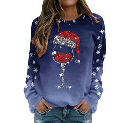 Weihnachtspullover Damen Lustig Weinglas Muster Christmas Sweater Casual Lose Langarmshirt Weihnachtsdruck Xmas Pulli Shirt Frauen Jumper Bluse Tops Longshirt Weihnachtskleidung Weihnachts Pullis von Nhainel