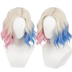 NiceLisa Wigs Blonde Kurze Welle Locken Perücken mit Rosa Blau Haar Frauen Anime Cosplay Perücke Kostüm Perücken von NiceLisa