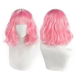 NiceLisa Wigs Candy Pink Wave Japanische Lolita Perücke mit Air Bangs Kurze Bob Perücken Lockige Welle Cosplay Perücke für Täglicher Gebrauch Perücken von NiceLisa