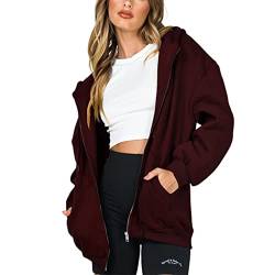 Damen Oversized Zip Up Hoodies Sweatshirts Y2K Baggy Lose Reißverschluss Kapuzenpullover Jacken Mantel mit Taschen, weinrot, 42 von Niceyoeuk