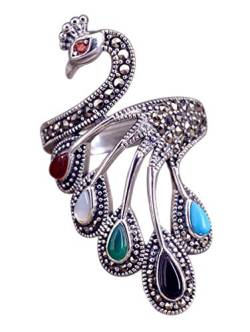 NicoWerk Damen Silberring Pfau aus 925 Sterling Silber Vintage mit Stein Bunt Breit Edelstein Vogel Verstellbar Offen SRI371 von NicoWerk