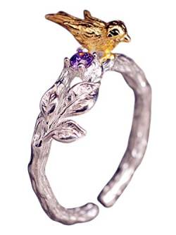 NicoWerk Damen Silberring Vogel aus 925 Sterling Silber Ast Lila Amethyst Golden Ethno Natur Verstellbar Offen SRI337 von NicoWerk