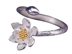 NicoWerk Silberring Lotus Blume Seerose Golden Ring Silber 925 Verstellbar Damenringe Damen Schmuck Sterling SRI287 von NicoWerk