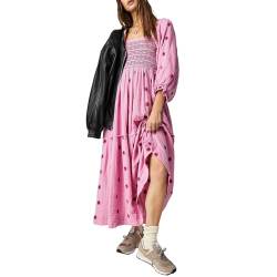 Damen Maxikleid mit Blumenstickerei, Laternenärmel, quadratischer Ausschnitt, gestuftes, fließendes Kleid mit Taschen, Maxikleid, Blumenkleid, Rosa, L von Nicoxijia