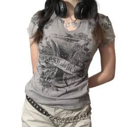 Damen Y2K Kurzarm-Top, Shirt, Fee, Grunge-Grafikdruck, T-Shirts, Vintage, ästhetisch, bauchfrei, Gothic, Streetwear, 2B-Grau, Large von Nicoxijia