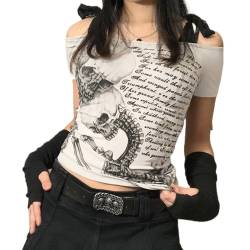 Damen Y2K Kurzarm-Top, Shirt, Fee, Grunge-Grafikdruck, T-Shirts, Vintage, ästhetisch, bauchfrei, Gothic, Streetwear, 2H, Grau, Small von Nicoxijia