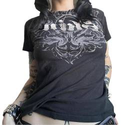 Nicoxijia Damen Y2K Kurzarm-Top, Shirt, Fee, Grunge-Grafikdruck, T-Shirts, Vintage, ästhetisch, bauchfrei, Gothic, Streetwear, 1 m, Schwarz, Small von Nicoxijia