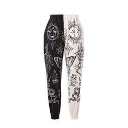 Nicoxijia Y2K Damen-Jogginghose mit Graffiti-Grafikdruck, elastische Taille, lässig, Farbblock, lockere Baggy-Jogginghose mit Taschen, C-schwarz weiß Sonne Mond, XL von Nicoxijia