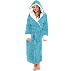 Nidddiv Damen Nachthemd Fleece Thermo Pyjama für Frauen UK Farbblock Plüsch Nachtwäsche Weicher Bademantel mit Gürtel Winter Kapuze Casual Nachtwäsche Pyjama Lange Robe Samtmäntel Loungewear, blau, 48 von Nidddiv