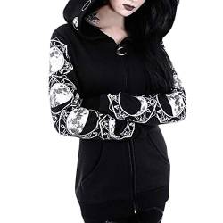 Nidddiv Hoodies für Damen, UK Gothic Rocker Chic Style Pullover Jacken Skelett Gedruckt Langarm Mäntel Schwarz Reißverschluss Kapuzenmäntel Lose Kapuzenpullover Sport Mantel mit Taschen Workout von Nidddiv