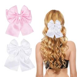 Haarschleifen, seidige Satin-Schleife, große Haarspangen für Mädchen und Damen, 2 Stück (weiß, rosa) von Nideen