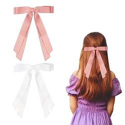 Haarspangen mit Schleife, mit langem seidigem Satin, Haarschleifen für Mädchen und Frauen (weiß, rosa), 2 Stück von Nideen