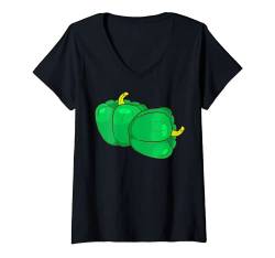 Damen Grüne Paprika Paprikaschote Gemüse Vegan Veganer Vegetarier T-Shirt mit V-Ausschnitt von Niedliche Food Nahrungsmittel Lebensmittel Designs