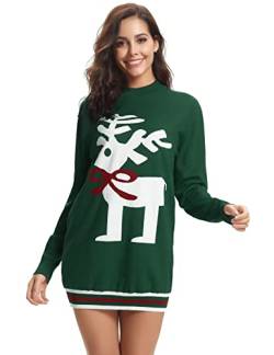 Nieery Damen Strickpullover Lang Weihnachtspullover Winter Rundhals Pullover Rentier Christmas Sweater Kuscheliger Weihnachtspulli Grün M von Nieery