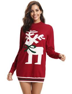 Nieery Damen Strickpullover Lang Weihnachtspullover Winter Rundhals Pullover Rentier Christmas Sweater Kuscheliger Weihnachtspulli Rot M von Nieery