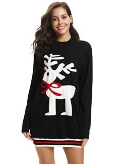 Nieery Damen Strickpullover Lang Weihnachtspullover Winter Rundhals Pullover Rentier Christmas Sweater Kuscheliger Weihnachtspulli Schwarz M von Nieery