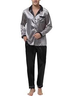 Nieery Herren Schlafanzug Satin Knopfleiste Pyjama Set, Lang Hausanzug Nachtwäsche Männer, Langen Ärmel Schlafshirt und Pyjamahose Loungewear Grau XXL von Nieery