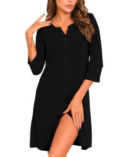 Nieery Nachthemd Damen 3/4 Ärmel Nachtwäsche Frauen Knielänge Schlafhemd locker Nachthemden V-Ausschnitt Sleepshirt mit Knopfleiste Schlafkleid Komfort knitterfrei von Nieery