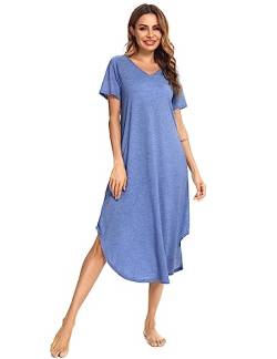 Nieery Nachthemd Damen Kurzarm Schlafshirt Lang Sommer Nachtkleid Baumwolle Sleepshirt V-Ausschnitt Nachtwäsche Große Größen Lässig Strandkleid mit Taschen Blau M von Nieery