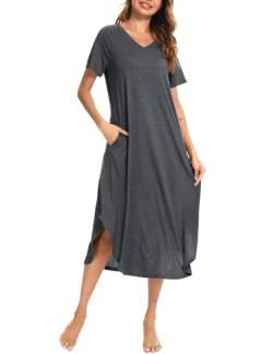 Nieery Nachthemd Damen Kurzarm Schlafshirt Lang Sommer Nachtkleid Baumwolle Sleepshirt V-Ausschnitt Nachtwäsche Große Größen Lässig Strandkleid mit Taschen Dunkelgrau M von Nieery