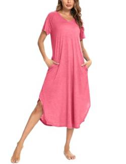 Nieery Nachthemd Damen Kurzarm Schlafshirt Lang Sommer Nachtkleid Baumwolle Sleepshirt V-Ausschnitt Nachtwäsche Große Größen Lässig Strandkleid mit Taschen Kirschrot L von Nieery