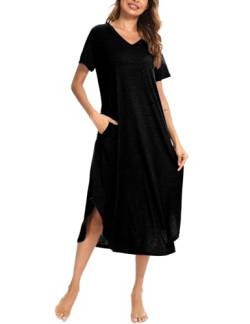 Nieery Nachthemd Damen Kurzarm Schlafshirt Lang Sommer Nachtkleid Baumwolle Sleepshirt V-Ausschnitt Nachtwäsche Große Größen Lässig Strandkleid mit Taschen Schwarz M von Nieery