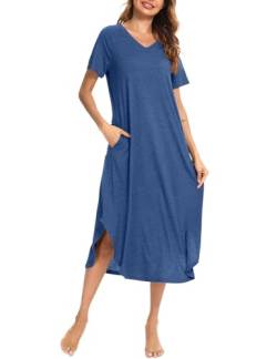 Nieery Nachthemd Damen Kurzarm Schlafshirt Lang Sommer Nachtkleid Baumwolle Sleepshirt V-Ausschnitt Nachtwäsche Große Größen Lässig Strandkleid mit Taschen Tiefblau M von Nieery