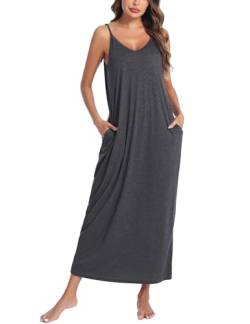 Nieery Nachthemd Damen Lang Sexy Negligee Sommer Spaghettiträger Unterkleid Baumwolle Full Slip V-Ausschnitt Sleepshirt Nachtwäsche Dunkelgrau L von Nieery