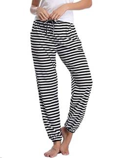 Nieery Pyjamahose Damen Baumwolle Schlafanzughose Lang Jogginghose Sporthose Sweatpants Freizeithose Hausanzug Nachtwäsche Schwarz-Streifen S von Nieery