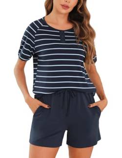 Nieery Schlafanzug Damen kurz Pyjama Damen kurzer Schlafanzug Kurzarm Elastischer Bund Baumwolle Nachtwäsche Set Frauen schlafanzüge mit 2 Taschen Pyjamashorts von Nieery