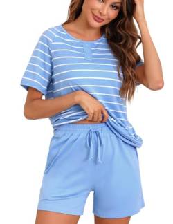 Nieery Schlafanzug Damen kurz Pyjama Damen kurzer Schlafanzug Kurzarm Elastischer Bund Baumwolle Nachtwäsche Set Frauen schlafanzüge mit 2 Taschen Pyjamashorts von Nieery