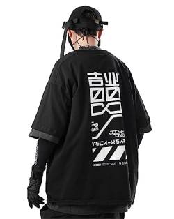Niepce Inc Japanische Cyberpunk Ellenbogen Ärmel Grafik T-Shirts Männer, Schwarz5, L von Niepce Inc