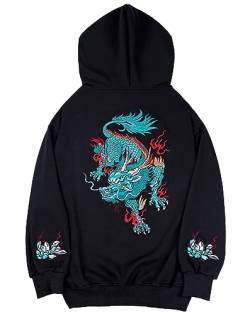 Niepce Inc Streetwear Herren Dragon Embroidered Heavyweight Graphic Hoodies, Schwarz-Blau-Kirin, XXX-Large von Niepce Inc