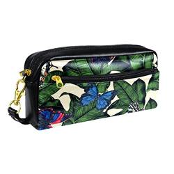 Kleine Make-up-Tasche für Damen,Leder-Bleistifttasche,Kosmetiktasche,Tropische Bananenbaumblätter und Schmetterlinge,Make-up-Tasche, Stifttasche von NigelMu