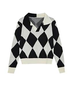 Niiyyjj Schwarz und Weiß Poker Muster Pullover Pullover Damen Revers V-Ausschnitt Herbst und Winter Strick, schwarz / weiß, M von Niiyyjj