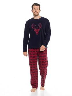 Nikaro Herren-Schlafanzug mit Hirschgesicht, Fleece, 2-teiliges Lounge-Set mit Rundhalsausschnitt und Fair-Isle-Hose, navy, XL von Nikaro