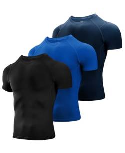 Niksa 3 Stück Kompressionsshirt Herren,Laufshirt Herren Kurzarm mit Unterarm Mesh kurzärmliges Funktionsshirt Atmungsaktiv Sportshirt Männer für Running Workout Fitness Schwarz,Blau,Marine,M von Niksa