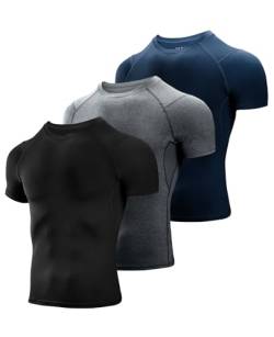 Niksa 3 Stück Kompressionsshirt Herren,Laufshirt Herren Kurzarm mit Unterarm Mesh kurzärmliges Funktionsshirt Atmungsaktiv Sportshirt Männer für Running Workout Fitness Schwarz,Grau,Marine,S von Niksa