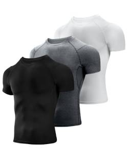 Niksa Herren-Kompressions-Shirts, 3/5er-Pack, kurzärmelig, sportlich, Kompressions-Top, kühl, trocken, Workout-T-Shirt, Schwarz/Grau/Weiß, 3er-Pack, L von Niksa