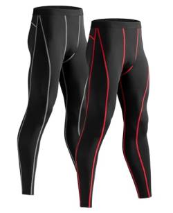 Niksa Sport Leggings männer 2er Pack, Herren Tight lang Quick Dry Kompression Hose für Fitness Workout Gym Joggen(Schwarz&Rot,Schwarz&Grau,XL) von Niksa