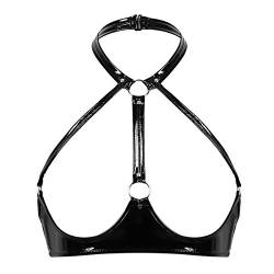 Nimiya Damen Wetlook Hebe Bra Busenfrei Ouvert Leder BH Sexy Bralette Ohne Bügel Neckholder Nippelfrei Lingerie Dessous Erotik Reizwäsche Sexy Kostüm Schwarz 3XL von Nimiya