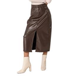 Nina Carter J225 Damen High Waist Wadenlanger Leder-Optik Rock mit Vorderem Schlitz Langer Rock Reißverschluss Lederlook, Dunkelbraun (J225), XL von Nina Carter