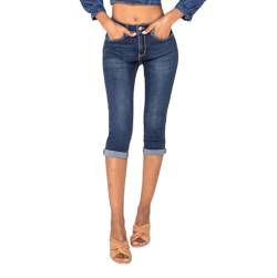 Nina Carter P132 Damen Capri Skinny Fit Jeanshosen HIGH Waist Jeans Used-Look Waschungseffekt, Dunkelblau (P132-1), XL von Nina Carter