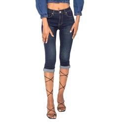 Nina Carter P132 Damen Capri Skinny Fit Jeanshosen HIGH Waist Jeans Used-Look Waschungseffekt, Dunkelblau (P132-2), L von Nina Carter