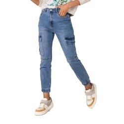 Nina Carter P219 Damen Cargo Jeans High Waist Relaxed Fit Jeanshosen Elastischen Beinabschlüssen Used-Look, Blau (P219-5), M von Nina Carter